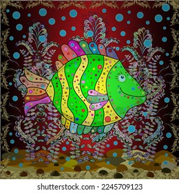 Resumen Imagen de color de los elementos constituyentes repetitivos y alternos.Pescado en neutro, verde y beige. Patrón sin foco con peces. Ornamento decorativo. Vector.