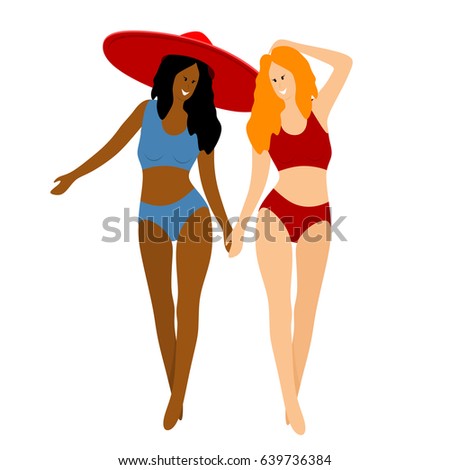 Abstract color image of two young beautiful girls in a hat on the beach. Flat simple figure of girlfriends. Vector illustration