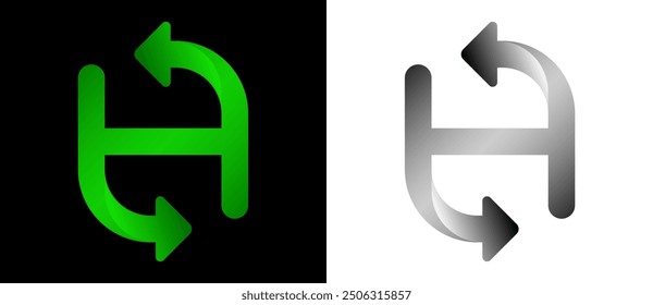 Abstract color letter H over black and white backgrounds. Swirl pattern logo or icon.