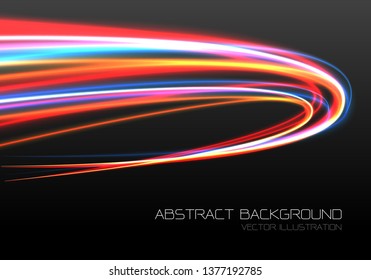 Abstract color light fast speed curve motion on black technology luxury background vector illustration.