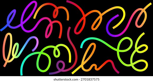 Bucles de línea de color Abstractas. Patrón de cinta de garabato degradado. Fondo de flujo de Vector. Diseño de curvas psicodélicas.