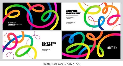 Patrones de línea de color Abstractas. Elementos de diseño de forma de onda. Líneas de degradado dinámico en espiral de curva 3D. Fondo moderno de Vector con cintas de fiesta Rainbow Swirl. Diseño geométrico perfecto para pósters, Anuncios y presentaciones creativas con efectos de degradado vibrantes.