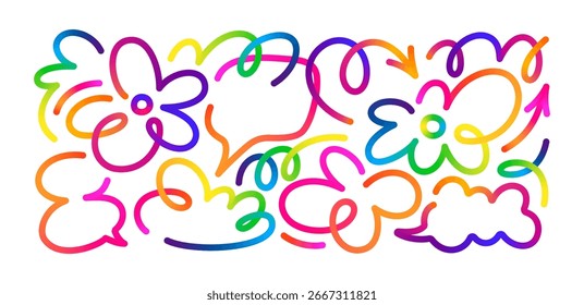 Abstract Color Line Shapes. Vector Doodle Kid Pattern on White Background. Organic Elements with Rainbow Gradient. Squiggle Flowers, 3D Arrows, Wavy Clouds and Geometric Speech Bubbles.