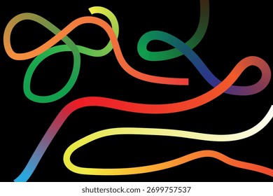 Abstract Color Line Shapes – Vibrant Squiggle Wave Pattern Design on Black Background, Fun Organic Ribbon Lines, Gradient Vector Background
