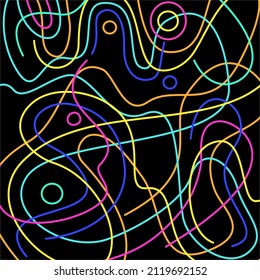 Abstract color lines background. Chaotic neon lights on a black background. Vector.