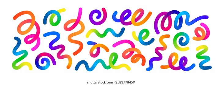 Abstract Color Lines with Gradient. Geometric Background with 3D Rainbow Ribbons. Vector Spiral Confetti Shapes. Birthday Pattern with Color Fluid Elements