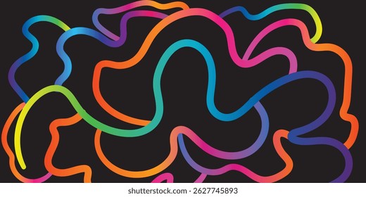 Abstract Color Lines with a Gradient on a Black Background. Vector Curved Shapes - Graphic Elements for Pattern Design and Posters. 3D Wave Doodle Ribbons