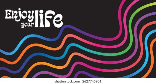 Abstract Color Lines with a Gradient on a Black Background. Vector Curved Shapes - Graphic Elements for Pattern Design and Posters. 3D Wave Doodle Ribbons