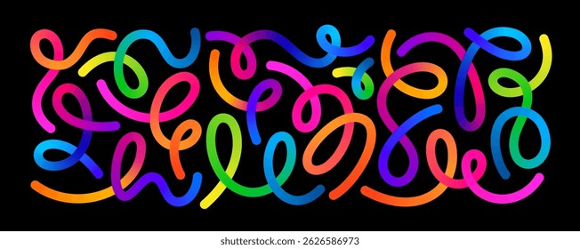 Abstract Color Lines. Gradient Shape 3D Waves Pattern on Black Background. Vector Rainbow Ribbon. Wavy Graphic Design Elements