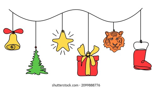 Abstract color new year toys as continuous line drawing on white background. Vector