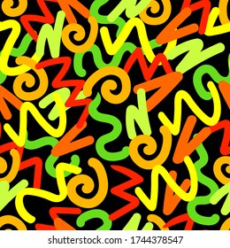 Abstract color pattern of curved lines on a black background seamless vector, illustration in the style of modern graffiti art. For Wallpaper, clothing, packaging paper, fabric, textiles, design.