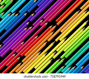 Abstract color pencils pattern background isolated on black. Vector illustration for school design.
