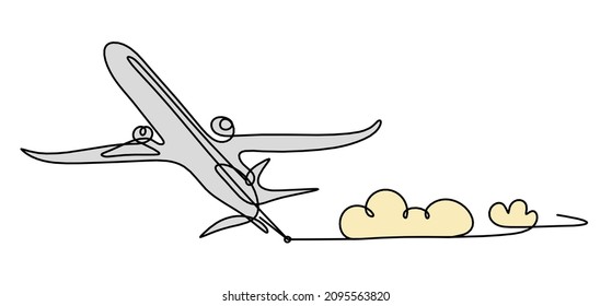 Abstract color plane with clouds as line drawing on white as background. Vector. Vector