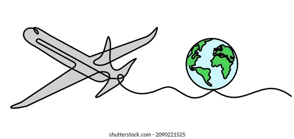 Abstract color plane with globe as line drawing on white background. Vector