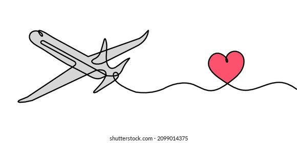 Abstract color plane with heart as line drawing on white as background. Vector