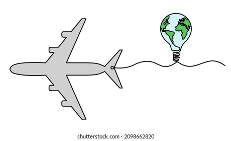 Abstract color plane with light bulb and globe as line drawing on white background. Vector