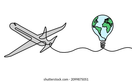 Abstract color plane with light bulb and globe as line drawing on white background. Vector