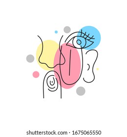 Abstract color poster with sensory organs, sight, touch, sense of smell, taste, hearing. Line modern illustration with nose, eye, ear, tongue. Vector sketch
