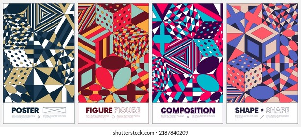 Abstract color poster in trendy flat style, new modernism aesthetics geometric shapes, colorful cubes with different pattern, vector set of brochures and covers