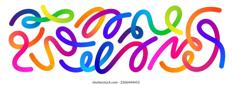 Abstract Color Rainbow Gradient Shapes Set. Vector Graphic with Wavy Lines in Bright Colors. Colorful Fluid Wave Pattern. Squiggly Design Elements.