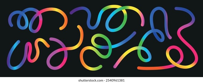 Abstract Color Rainbow Gradient Shapes Set. Gradient abstract shapes. Colorful fluid wave pattern. Vector Graphic with Wavy Lines in Bright Colors. Squiggly Design Elements.