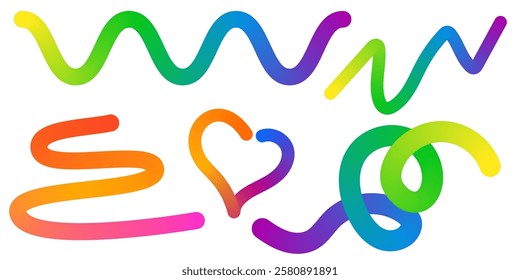 Abstract Color Rainbow Gradient Shapes Set. Vector Graphic with Wavy Lines in Bright Colors. Colorful Fluid Wave Pattern. Squiggly Design Elements.