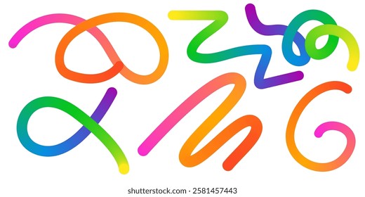 Abstract Color Rainbow Gradient Shapes Set. Vector Graphic with Wavy Lines in Bright Colors. Colorful Fluid Wave Pattern. Squiggly Design Elements.