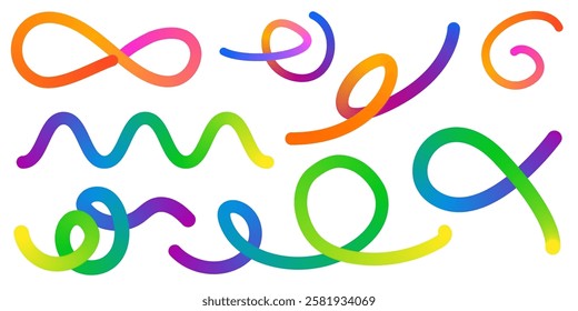 Abstract Color Rainbow Gradient Shapes Set. Vector Graphic with Wavy Lines in Bright Colors. Colorful Fluid Wave Pattern. Squiggly Design Elements.