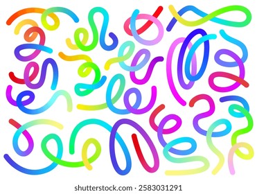 Abstract Color Rainbow Gradient Shapes Vector Graphic Set, Collection. Wavy Lines in Bright Colors. Colorful Fluid Design Elements. Squiggly Wave Pattern