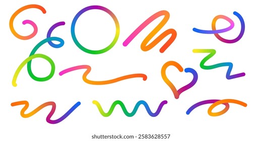 Abstract Color Rainbow Gradient Shapes Set. Vector Graphic with Wavy Lines in Bright Colors. Colorful Fluid Wave Pattern. Squiggly Design Elements.