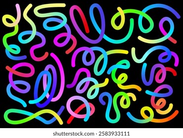 Abstract Color Rainbow Gradient Shapes Vector Graphic Set, Collection. Wavy Lines in Bright Colors. Colorful Fluid Design Elements. Squiggly Wave Pattern