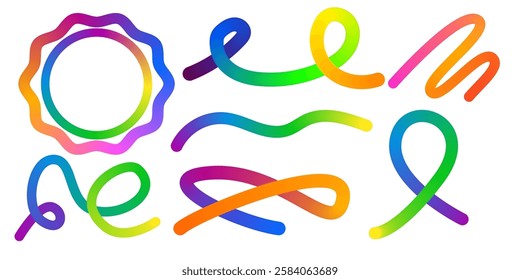 Abstract Color Rainbow Gradient Shapes Set. Vector Graphic with Wavy Lines in Bright Colors. Colorful Fluid Wave Pattern. Squiggly Design Elements.