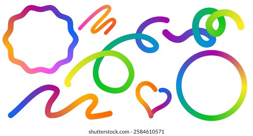 Abstract Color Rainbow Gradient Shapes Set. Vector Graphic with Wavy Lines in Bright Colors. Colorful Fluid Wave Pattern. Squiggly Design Elements.