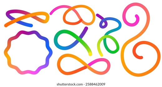 Abstract Color Rainbow Gradient Shapes Set. Vector Graphic with Wavy Lines in Bright Colors. Colorful Fluid Wave Pattern. Squiggly Design Elements.