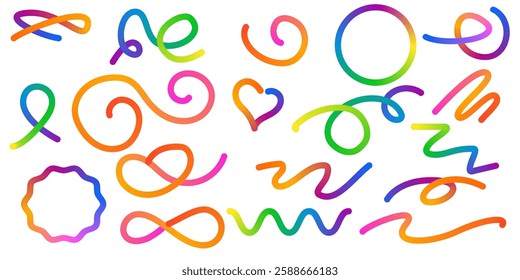 Abstract Color Rainbow Gradient Shapes Set. Vector Graphic with Wavy Lines in Bright Colors. Colorful Fluid Wave Pattern. Squiggly Design Elements.