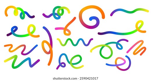 Abstract Color Rainbow Gradient Shapes Set. Vector Graphic with Wavy Lines in Bright Colors. Colorful Fluid Wave Pattern. Squiggly Design Elements.