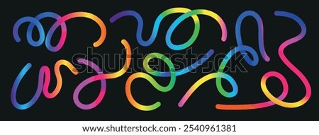 Abstract Color Rainbow Gradient Shapes Set. Gradient abstract shapes. Colorful fluid wave pattern. Vector Graphic with Wavy Lines in Bright Colors. Squiggly Design Elements.