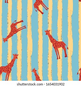 Abstract color red giraffe animal seamless pattern on stripe blue yellow background. Trendy vivid exotic vector wallpaper