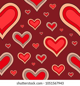 Abstract color retro seamless vector pattern with hearts on brown background. Summer motif.Can be used for fabric,cloth,textile, wallpaper,tile,wrapping,scrap booking,covers,carpet and home decor.