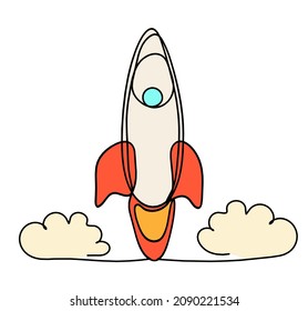 Abstract color rocket and clouds as continuous line drawing on white background. Vector