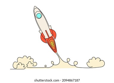 Abstract color rocket and clouds as continuous line drawing on white background. Vector