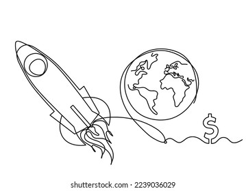 Abstract color rocket with globe and dollar as continuous line drawing on white background