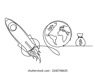 Resumen del cohete de color con globo y dólar como dibujo de línea continua en fondo blanco