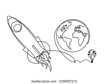 Abstract color rocket with globe light bulb as continuous line drawing on white background. Vector