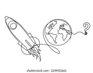 Cohetes de color abstracto con globo y signo de interrogación como dibujo continuo de línea sobre fondo blanco. Vector