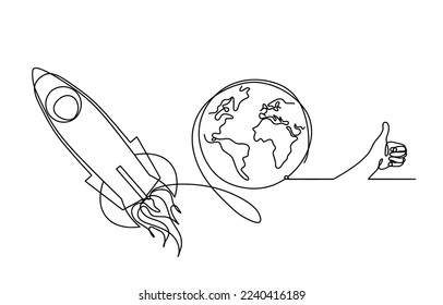 Abstract color rocket with hand as continuous line drawing on white background. Vector