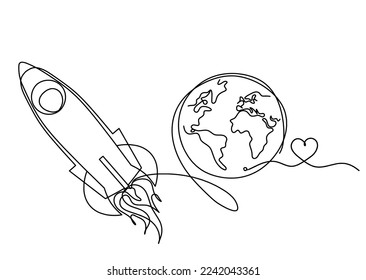 Abstract color rocket with heart as continuous line drawing on white background. Vetor