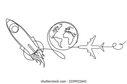 Abstract color rocket with plane as continuous line drawing on white background. Vector