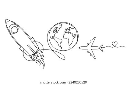 Abstract color rocket with plane as continuous line drawing on white background. Vector