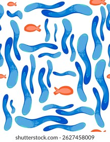Abstractas color de fondo o textura transparente con líneas y curvas. Estilizadas olas de mar y peces en colores azules y terracota. Vector